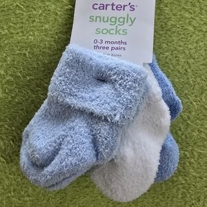 NWT  0-3 Months Baby BOYS 3PK Snuggly SOCKS  White + Light Blue + Med BLUE (Q3)
